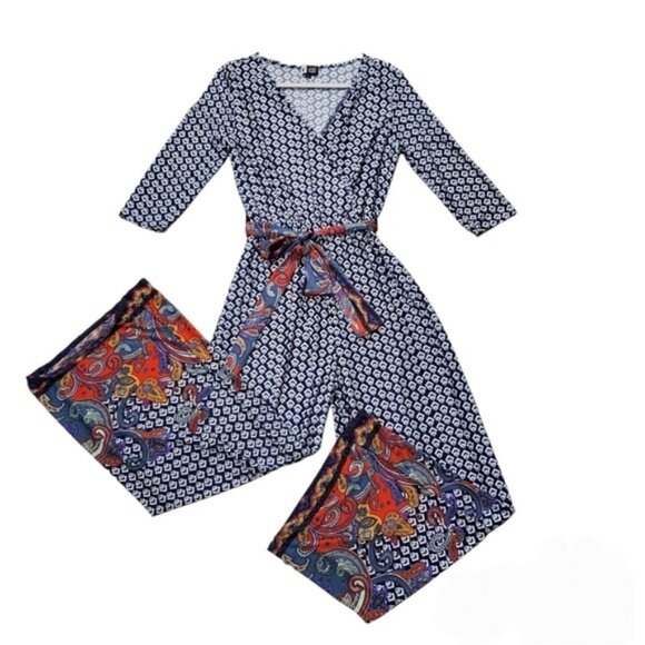 Vibe Sportwear Paisley Wide Leg Jumpsuit Blue Red Size Small NWT - Picture 2 of 13